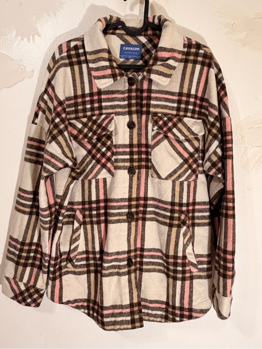 Cavalini Cream Plaid Shacket with Pink and Brown Stripes